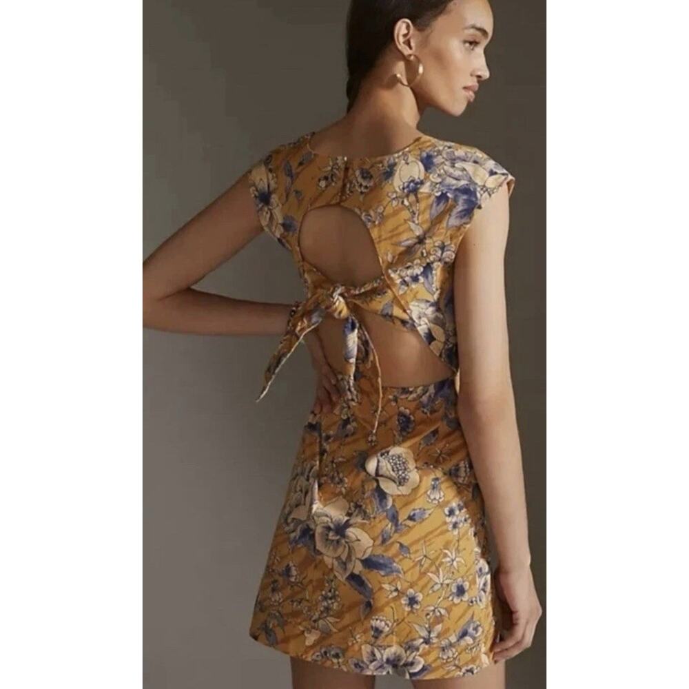 ANTHROPOLOGIE Tie Back Dress Boho Cap Yellow Blue Floral Open Back Mini Size 0 - Picture 2 of 14